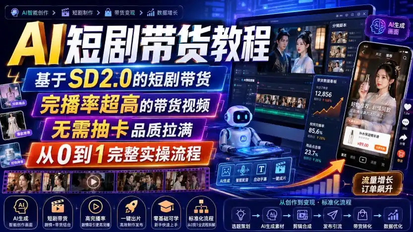 AI短剧带货教程，基于SD2.0的短剧带货，完播率超高的带货视频，无需抽卡品质拉满，从0到1完整实操流程-小创项目网