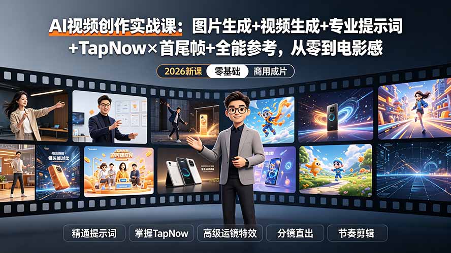 AI视频创作实战课：图片生成+视频生成+专业提示词+TapNow×首尾帧+全能参考，从零到电影感成片-小创项目网
