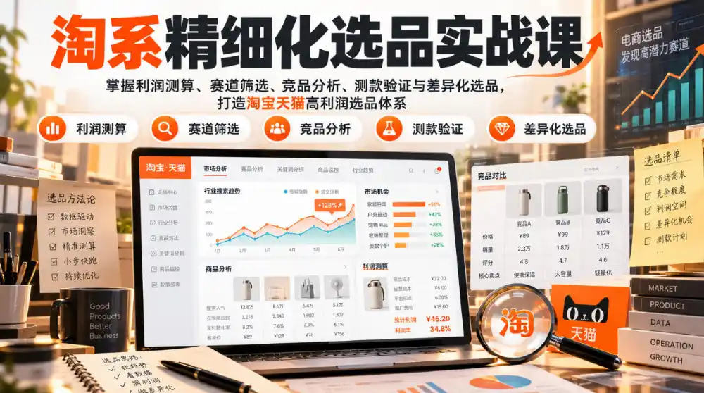 货架电商精细化选品实战课：掌握利润测算、赛道筛选、竞品分析、测款验证与差异化选品，打造淘宝天猫高利润选品体系-小创项目网