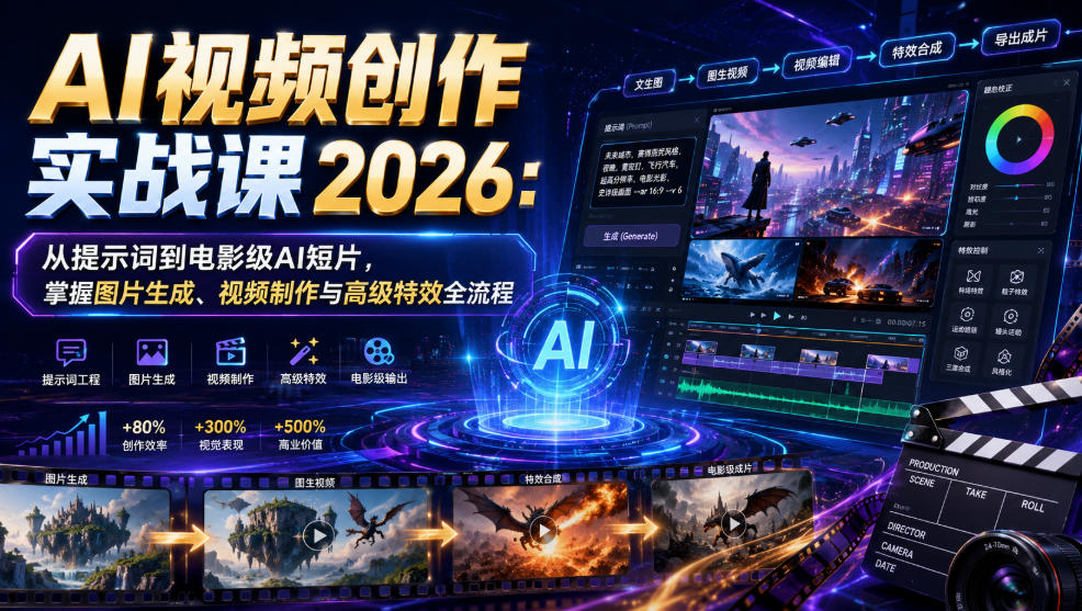 AI视频创作实战课2026：从提示词到电影级AI短片，掌握图片生成、视频制作与高级特效全流程-小创项目网