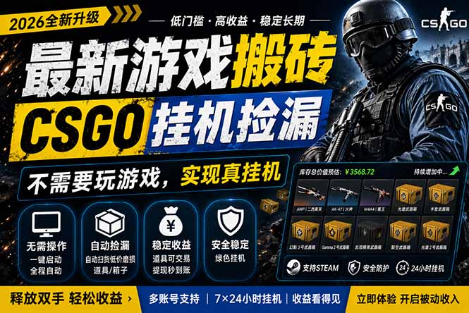 最新游戏搬砖，CSGO纯挂机，不需要玩游戏，实现真挂机，月入1W+，五一小高峰上车可吃肉，…-小创项目网