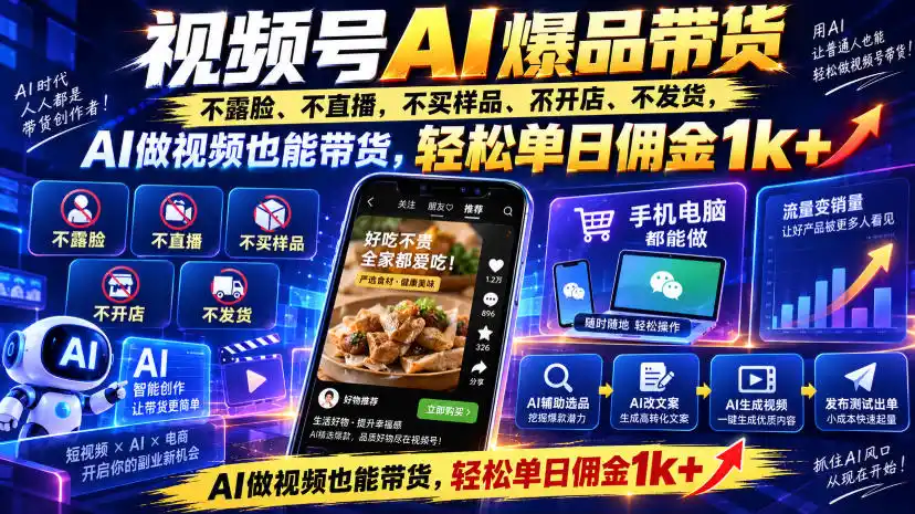 视频号Ai爆品带货，不露脸、不直播、不买样品、不开店、不发货，AI做视频也能带货，轻松单日佣金1k+-寒山客