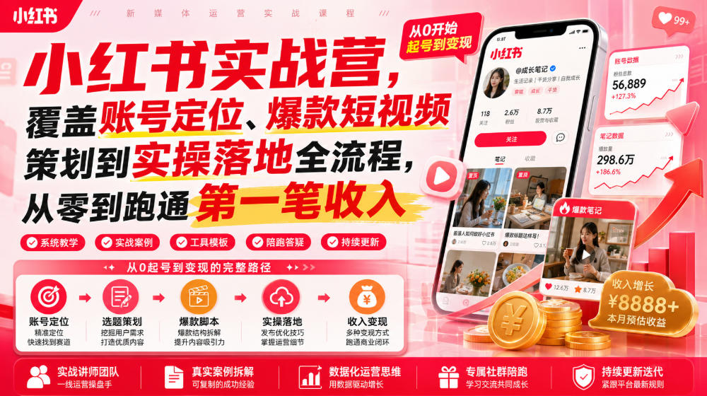 小红书实战营，覆盖账号定位、爆款短视频策划到实操落地全流程，从零到跑通第一笔收入-小创项目网
