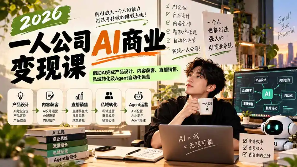 2026一人公司AI商业变现课：借助AI完成产品设计、内容获客、直播销售、私域转化及Agent自动化运营-小创项目网