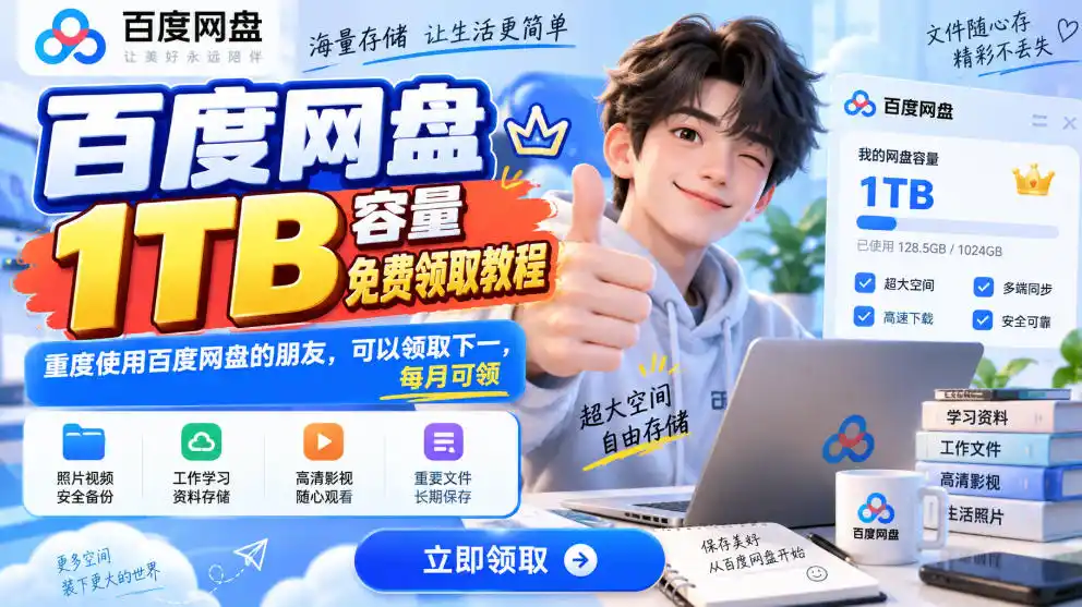 百度网盘1TB容量免费领取教程,重度使用百度网盘的朋友,可以领取下一,每月可领-寒山客