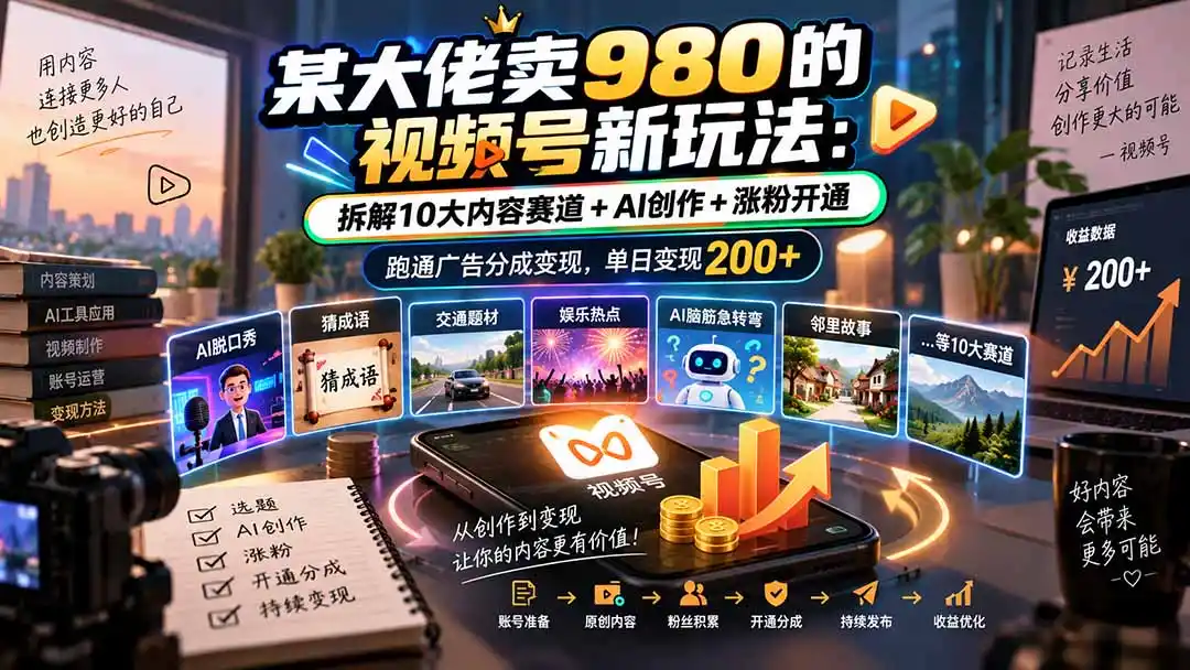 某大佬卖980的视频号新玩法：拆解10大内容赛道+AI创作+涨粉开通，跑通广告分成变现，单日变现200+-寒山客