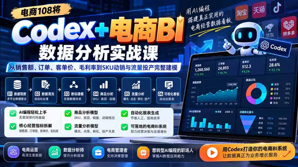Codex+电商BI数据分析实战课-更新：从销售额、订单、客单价、毛利率到SKU动销与流量投产完整建模-小创项目网
