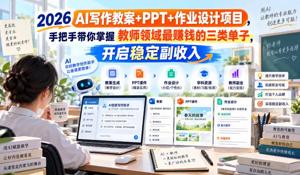 2026 AI写作教案+PPT+作业设计项目，手把手带你掌握教师领域最賺钱的三类单子，开启稳定副收入-寒山客