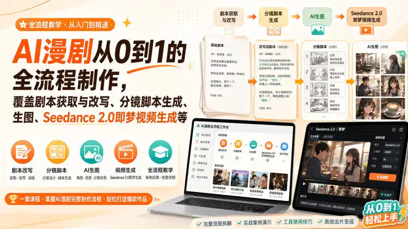 AI漫剧从0到1的全流程制作，覆盖剧本获取与改写、分镜脚本生成、角色场景生图与三视图、Seedance 2.0即梦视频生成（PDF版）