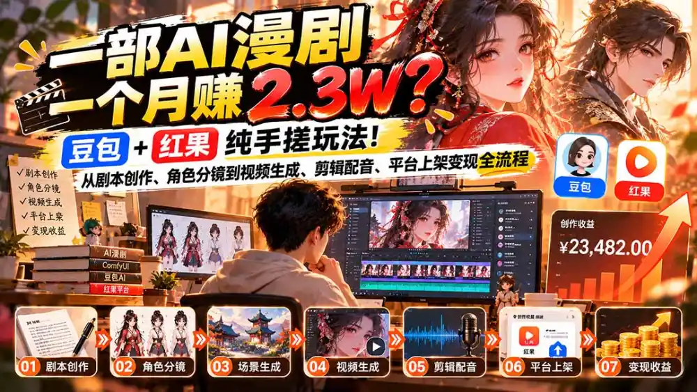 一部AI漫剧一个月赚2.3W？豆包+红果纯手搓玩法！从剧本创作、角色分镜到视频生成、剪辑配音、平台上架变现全流程-小创项目网