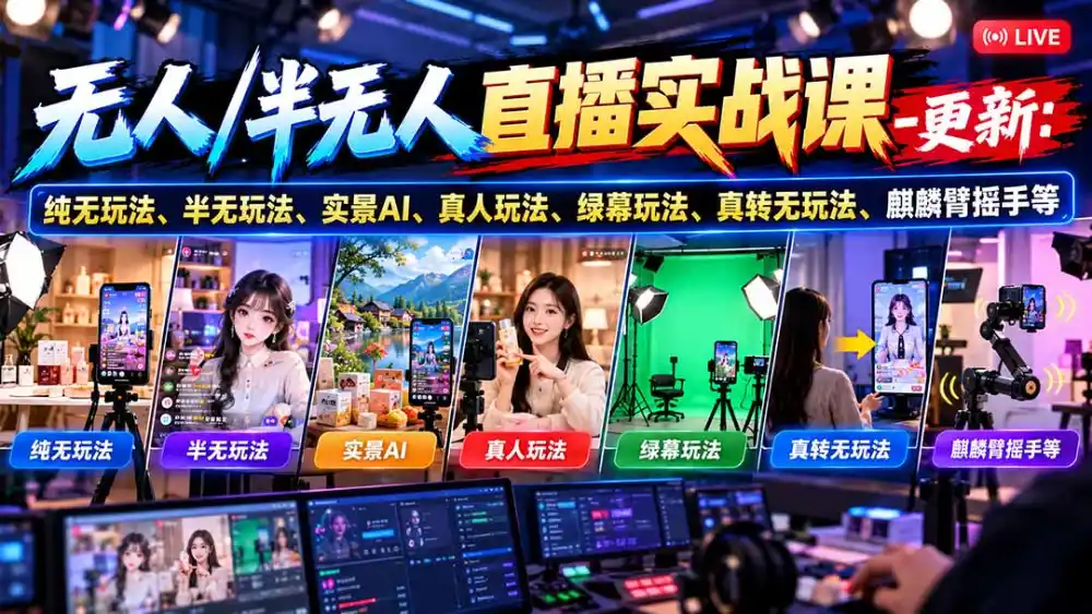 无人/半无人直播实战课-10月20更新：纯无玩法、半无玩法、实景AI、真人玩法、绿幕玩法、真转无玩法、麒麟臂摇手等-小创项目网