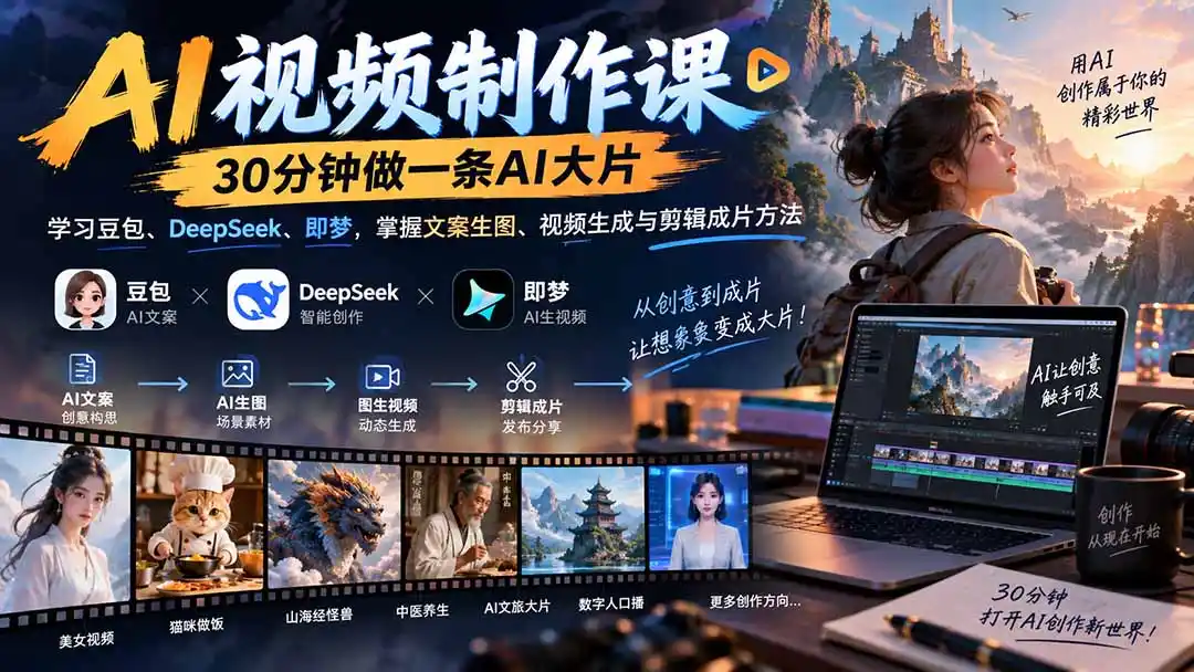 AI视频制作课-30分钟做一条AI大片:学习豆包、DeepSeek、即梦,掌握文案生图、视频生成与剪辑成片方法-小创项目网