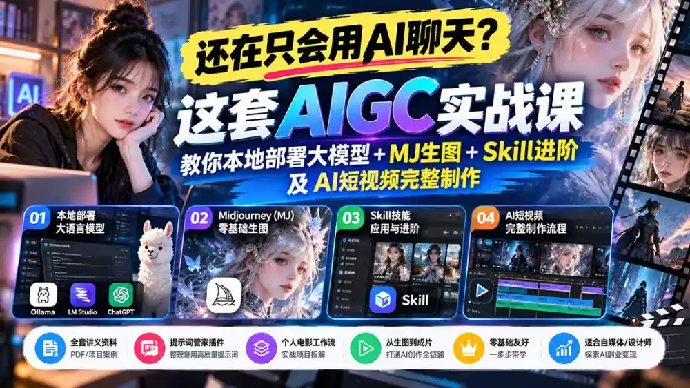 【无水印】还在只会用AI聊天？这套AIGC实战课教你本地部署大模型+MJ生图+Skill进阶及AI短视频完整制作-小创项目网
