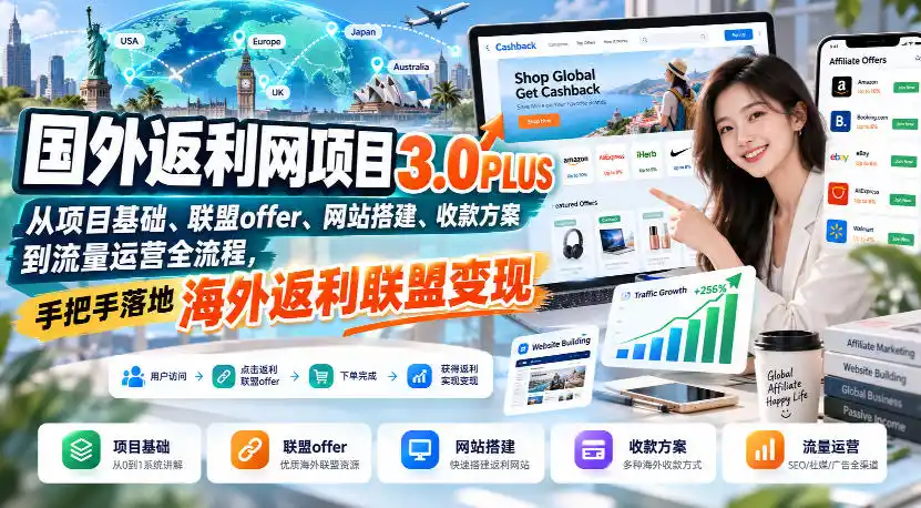 国外返利网项目3.0PLUS，从项目基础、联盟offer、网站搭建、收款方案到流量运营全流程，手把手落地海外返利联盟变现-寒山客