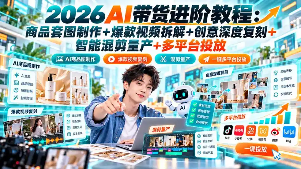 2026AI带货进阶教程：商品套图制作+爆款视频拆解+创意深度复刻+智能混剪量产+多平台投放-小创项目网