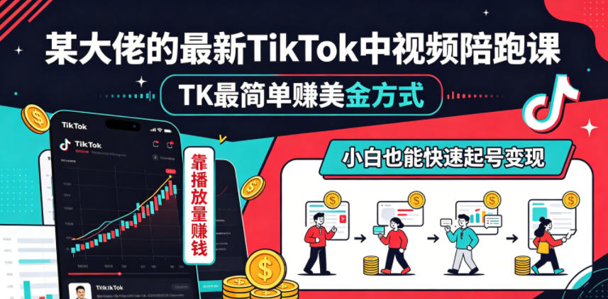 某大佬的最新TikTok中视频陪跑课，TK最简单賺美金方式，靠播放量賺钱，小白也能快速起号变现-小创项目网