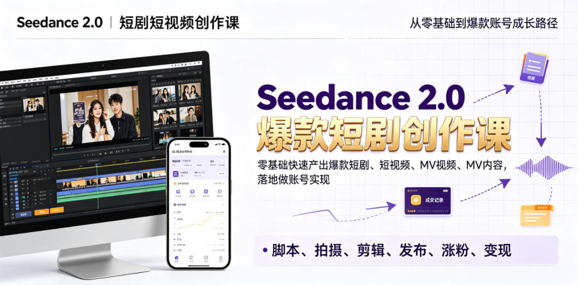 Seedance 2.0短剧短视频创作课，零基础快速产出爆款短剧、短视频、MV内容，落地做账号实现变现-寒山客