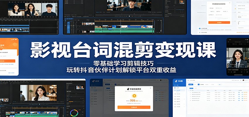 影视台词混剪变现课：零基础学习剪辑技巧，玩转抖音伙伴计划解锁平台双重收益-小创项目网