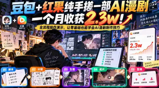 豆包+红果纯手搓一部AI漫剧一个月收获2.3w！全流程操作演示，让零基础也能学会AI漫剧制作技巧-小创项目网