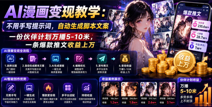 AI漫画变现教学：不用手写提示词，自动生成脚本文案，一份伙伴计划万播5-10米，一条爆款推文收益上W-寒山客