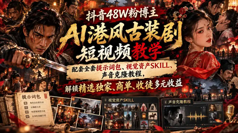 抖音48W粉博主AI港风古装剧短视频教学，配套全套提示词包、视觉资产SKILL、声音克隆教程，解锁精选独家、商单、收徒多元收益-寒山客