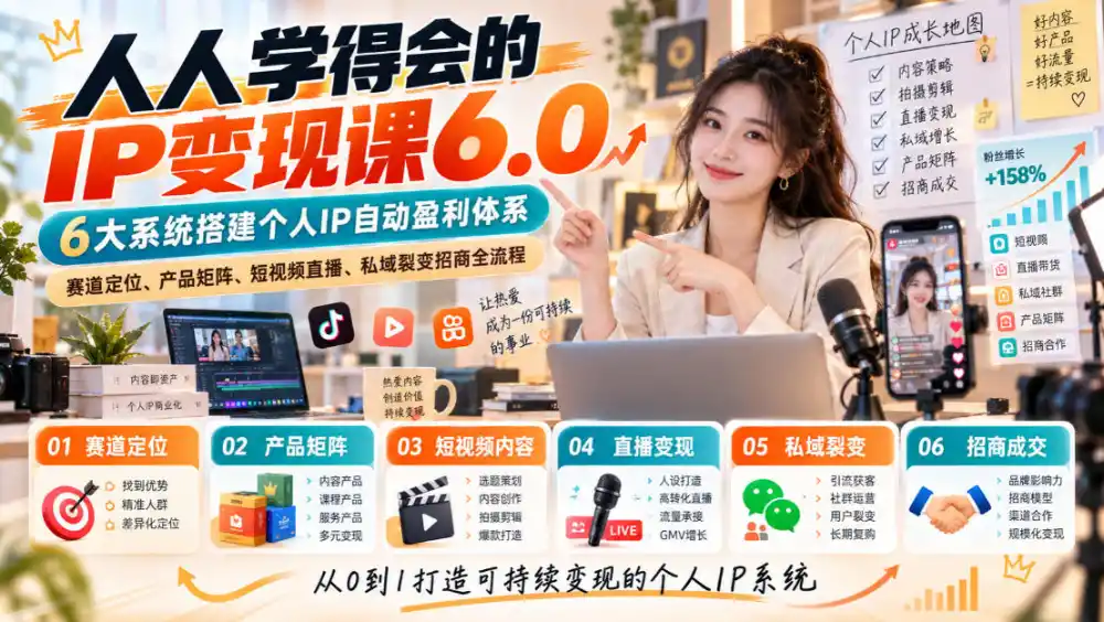 人人学得会的IP变现课6.0，6大系统搭建个人IP自动盈利体系，赛道定位、产品矩阵、短视频直播、私域裂变招商全流程-寒山客