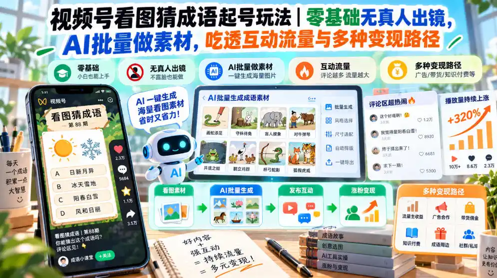 视频号看图猜成语起号玩法｜零基础无真人出镜，AI批量做素材，吃透互动流量与多种变现路径-小创项目网
