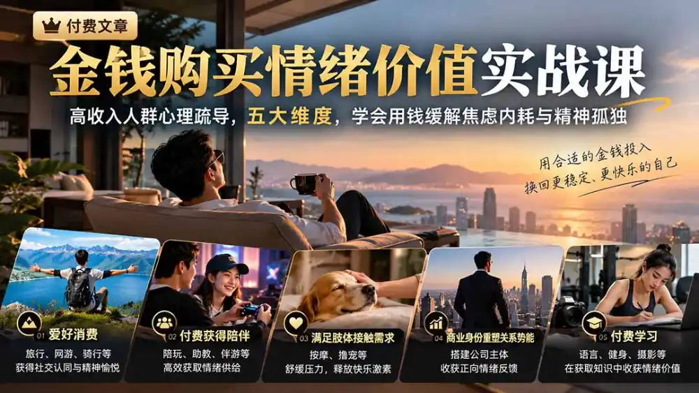 付费文章：金钱购买情绪价值实战课｜高收入人群心理疏导，五大维度，学会用钱缓解焦虑内耗与精神孤独-小创项目网