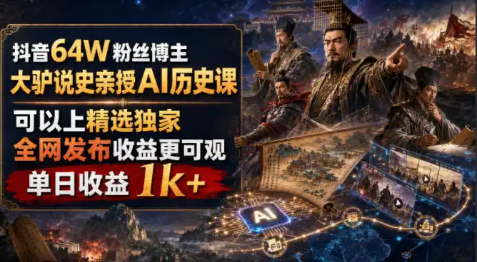 抖音64W粉丝博主大驴说史亲授AI历史课，可以上精选独家，全网发布收益更可观，单日收益1k+(更新)-大伟资源网