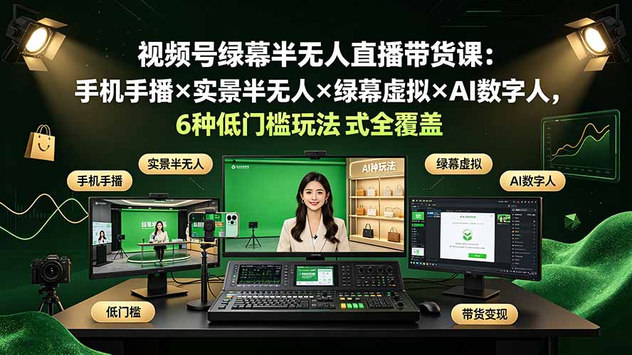 视频号绿幕半无人直播带货课：手机手播×实景半无人×绿幕虚拟×AI数字人，6种低门槛玩法全覆盖-小创项目网