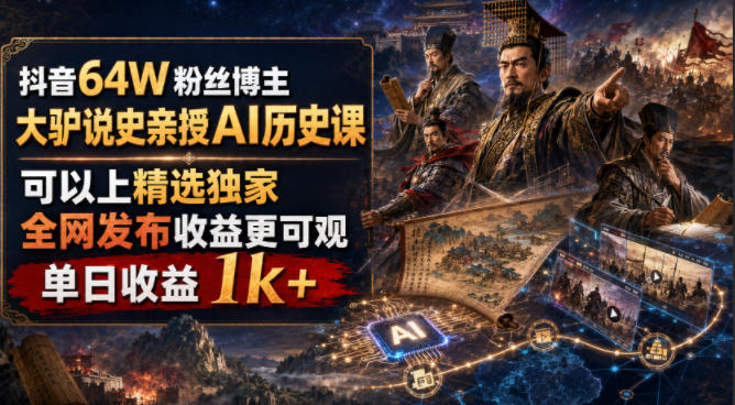 抖音64W粉丝博主大驴说史亲授AI历史课，可以上精选独家，全网发布收益更可观，单日收益1k+-小创项目网
