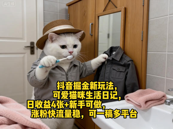 抖音掘金新玩法，可爱猫咪生活日记，日收益4张+新手可做，涨粉快流量稳，可一稿多平台-小创项目网