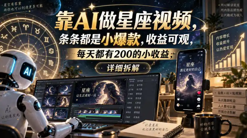靠AI做星座视频，条条都是小爆款，收益可观，每天都有200的小收益，详细拆解-小创项目网