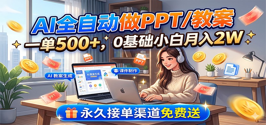 AI全自动做PPT/教案，一单500+，0基础小白月入2W，永久接单渠道免费送-小创项目网