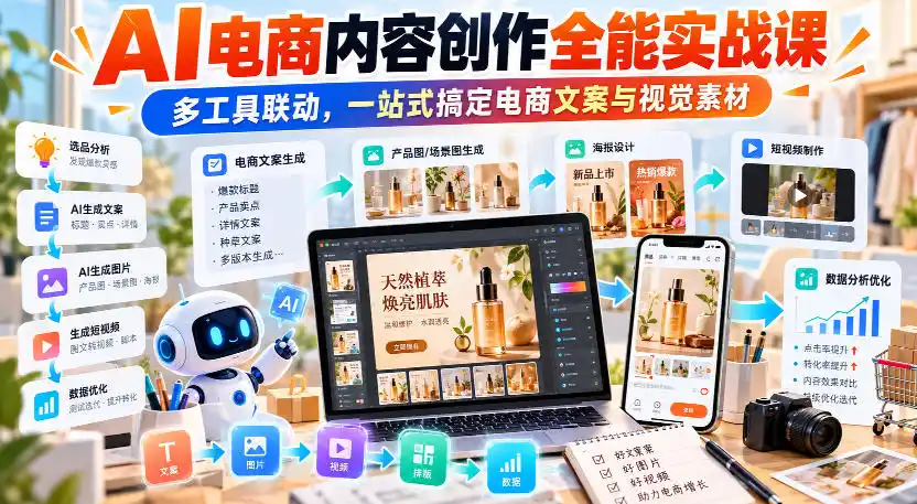 【无水印】AI电商内容创作全能实战课｜多工具联动，一站式搞定电商文案与视觉素材-小创项目网