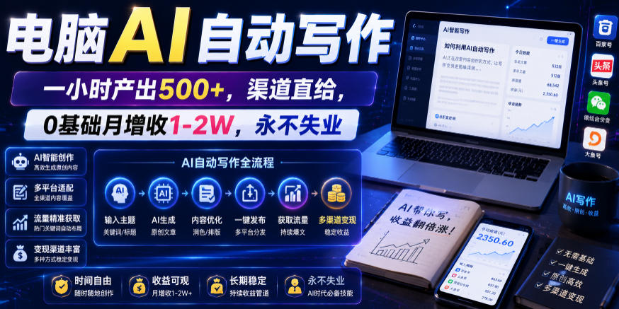 电脑AI自动写作，一小时产出500+，渠道直给，0基础月增收1-2W，永不失业【揭秘】-寒山客