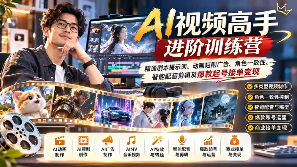 AI视频高手进阶训练营：精通剧本提示词、动画短剧广告、角色一致性、智能配音剪辑及爆款起号接单变现-小创项目网