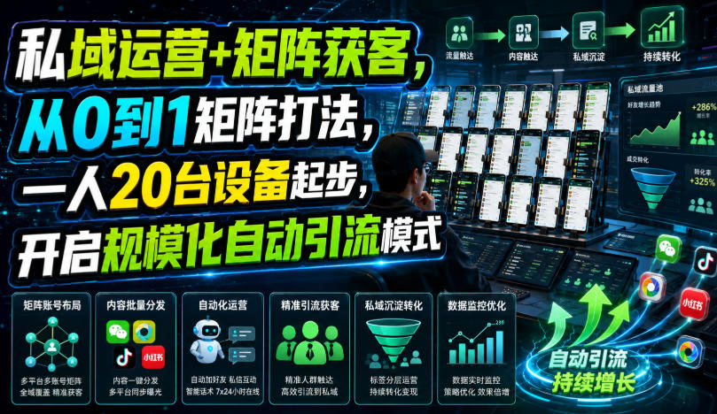 私域运营+矩阵获客，从0到1矩阵打法，一人20台设备起步，开启规模化自动引流模式！-寒山客