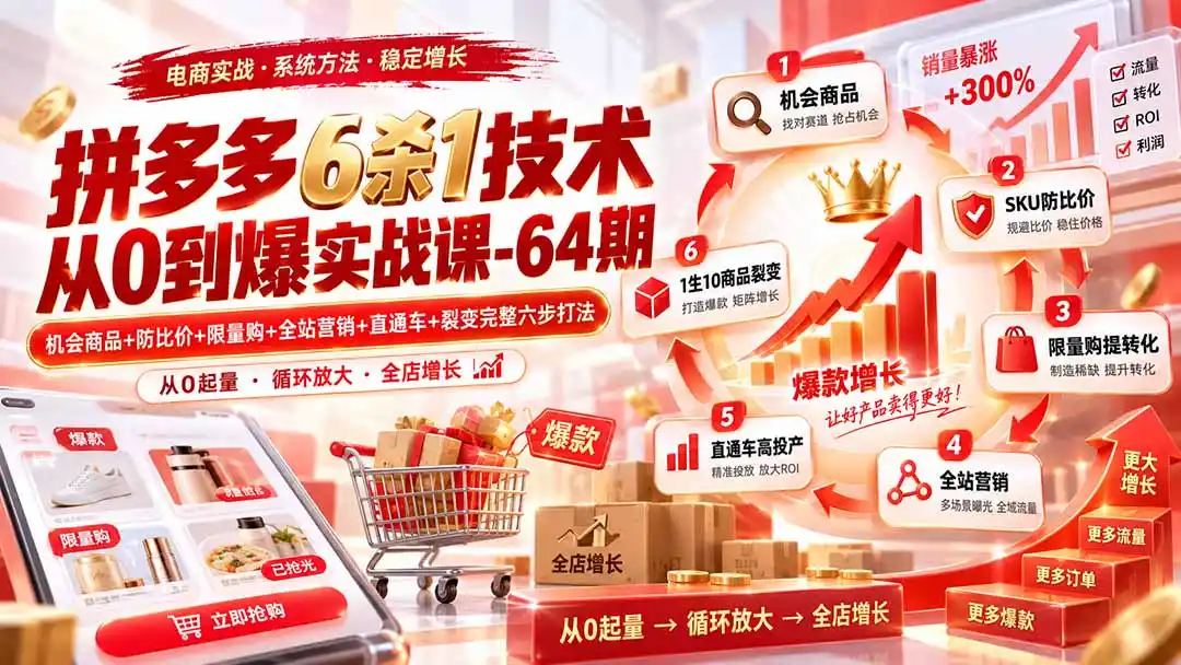 拼多多6杀1技术从0到爆实战课-64期：机会商品+防比价+限量购+全站营销+直通车+裂变完整六步打法-小创项目网