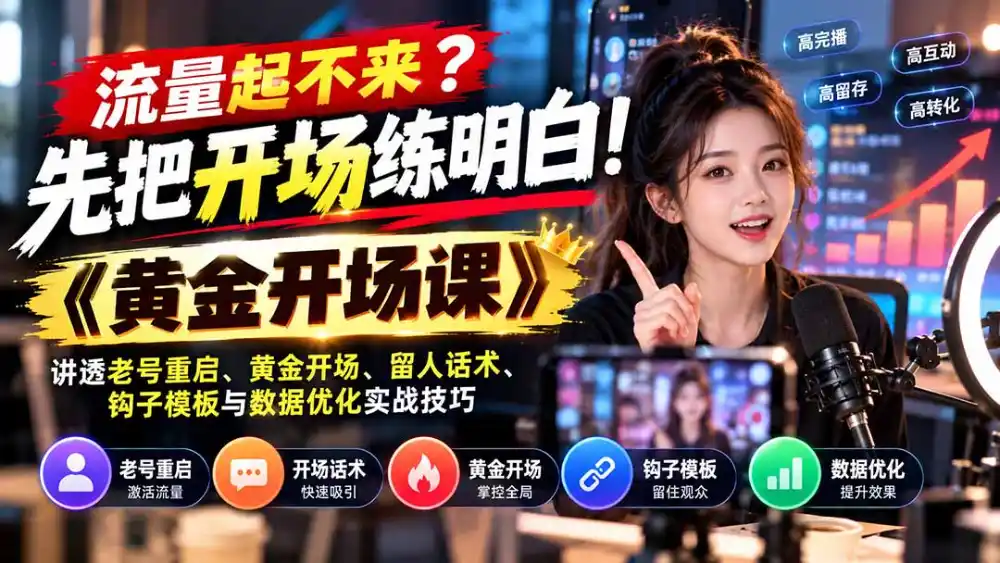 流量起不来？先把开场练明白！《黄金开场课》讲透老号重启、黄金开场、留人话术、钩子模板与数据优化实战技巧-小创项目网