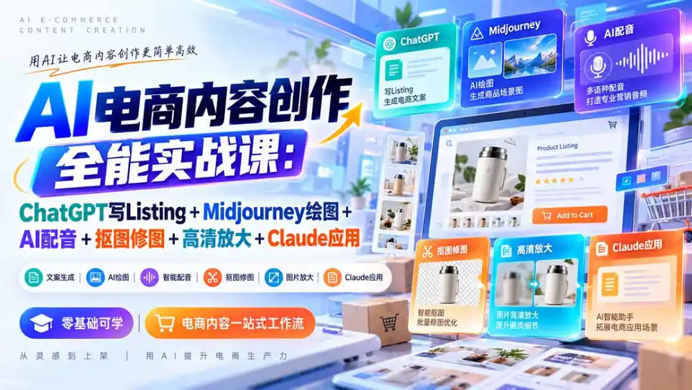 【无水印】AI电商内容创作全能实战课：ChatGPT写Listing+Midjourney绘图+AI配音+抠图修图+高清放大+Claude应用-小创项目网