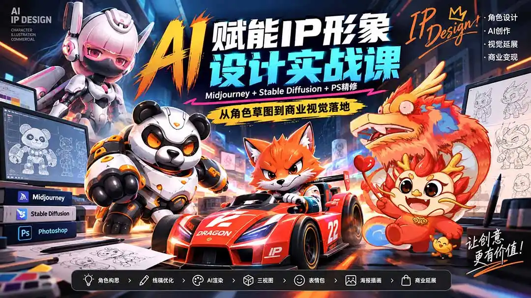 AI赋能IP形象设计实战课-无水印：Midjourney+Stable Diffusion+PS精修，从角色草图到商业视觉落地-寒山客