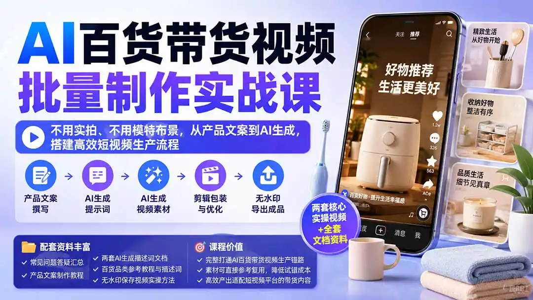 AI百货带货视频批量制作实战课：不用实拍、不用模特布景，从产品文案到AI生成，搭建高效短视频生产流程-小创项目网