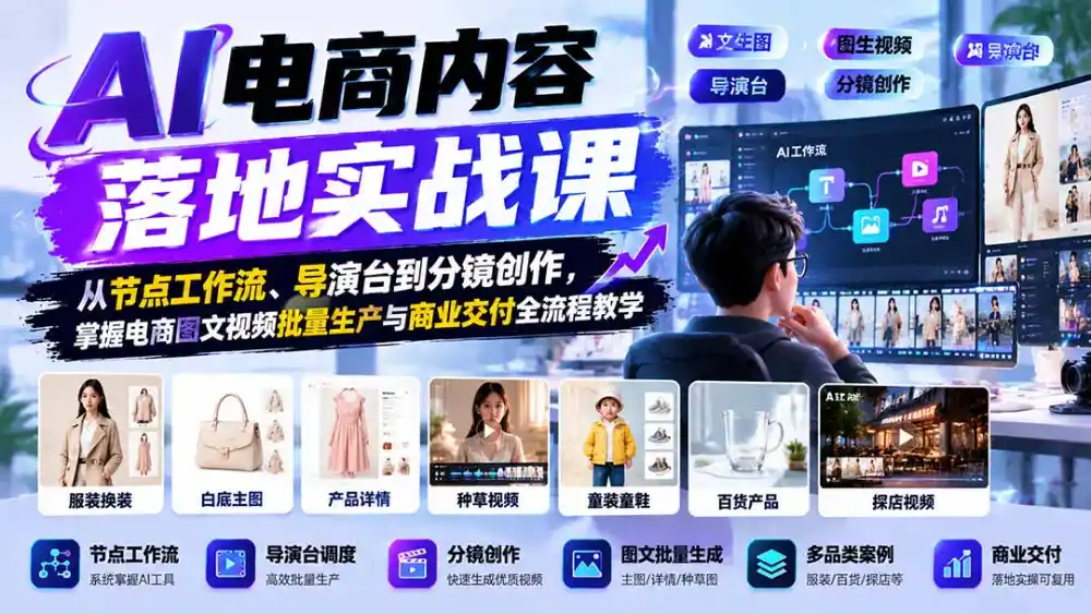 AI电商内容落地实战课：从节点工作流、导演台到分镜创作，掌握电商图文视频批量生产与商业交付全流程教学-小创项目网