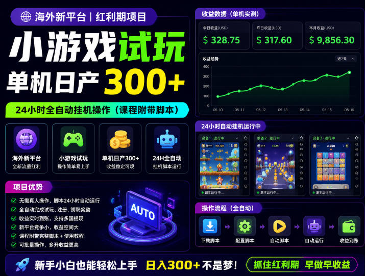 海外新平台，小游戏试玩，单机日产300+，24小时全自动挂G操作(课程附带脚本)【揭秘】-寒山客