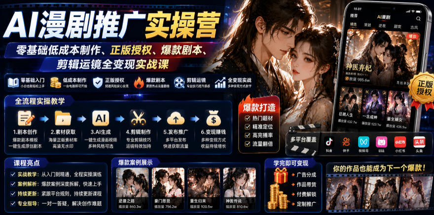 AI漫剧推广实操营｜零基础低成本制作、正版授权、爆款剧本、剪辑运镜全变现实战课-寒山客