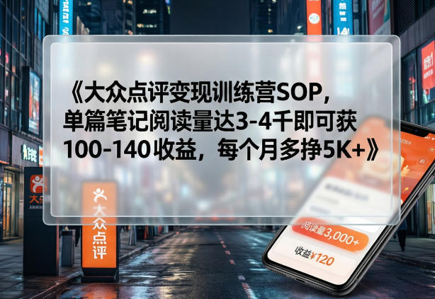大众点评变现训练营SOP，单篇笔记阅读量达3-4千即可获100-140收益，每个月多挣5K+-小创项目网