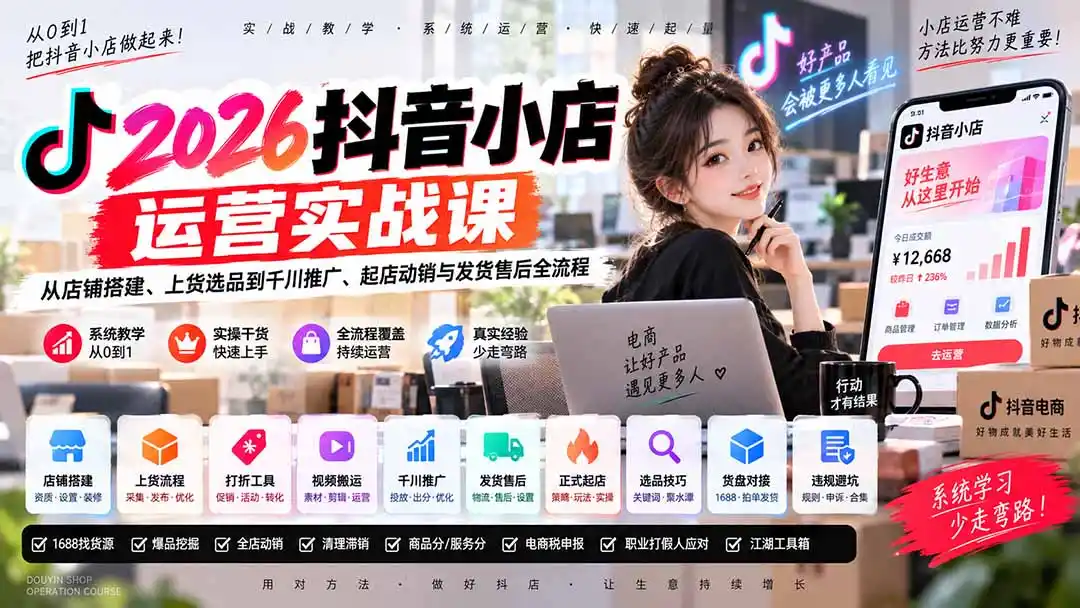 2026抖音小店运营实战课｜从店铺搭建、上货选品到千川推广、起店动销与发货售后全流程-寒山客
