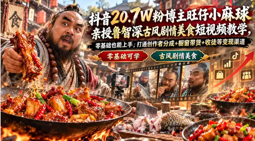 抖音20.7W粉博主旺仔小麻球亲授鲁智深古风剧情美食短视频教学，零基础也能上手，打通创作者分成+橱窗带货+收徒等变现渠道-小创项目网