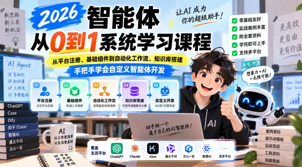 2026智能体从0到1系统学习课程，从平台注册、基础组件到自动化工作流、知识库搭建，手把手学会自定义智能体开发-寒山客